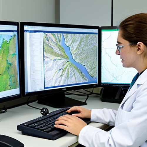 Home 4 A professional environmental scientist, fully clothed in modest, appropriate attire, diligently analyzing data in a modern research lab. The scene features large computer monitors displaying detailed GIS maps of ecological corridors and satellite imagery of protected areas, alongside open scientific reports and a tablet. The overall impression is one of dedicated research and advanced technology supporting biodiversity conservation. The image emphasizes perfect anatomy, correct proportions, natural pose, well-formed hands, proper finger count, natural body proportions, professional photography, high quality, safe for work, appropriate content, and is family-friendly.