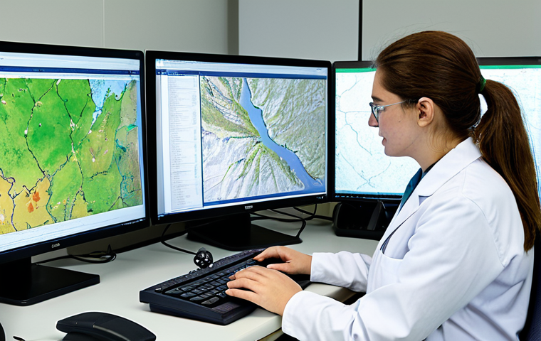 A professional environmental scientist, fully clothed in modest, appropriate attire, diligently analyzing data in a modern research lab. The scene features large computer monitors displaying detailed GIS maps of ecological corridors and satellite imagery of protected areas, alongside open scientific reports and a tablet. The overall impression is one of dedicated research and advanced technology supporting biodiversity conservation. The image emphasizes perfect anatomy, correct proportions, natural pose, well-formed hands, proper finger count, natural body proportions, professional photography, high quality, safe for work, appropriate content, and is family-friendly.