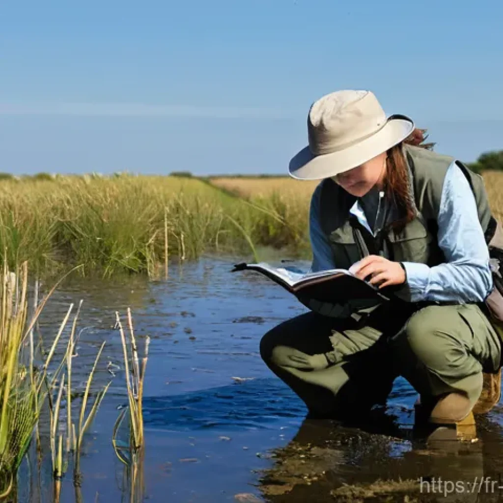 생물다양성 보전 전문가 직무 설명 - A biodiversity conservation expert, a woman in her late 30s, is meticulously conducting fieldwork in...