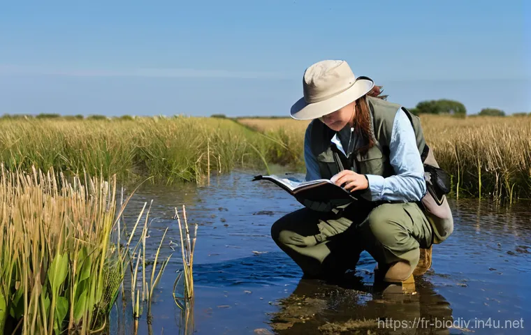 생물다양성 보전 전문가 직무 설명 - A biodiversity conservation expert, a woman in her late 30s, is meticulously conducting fieldwork in...