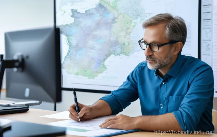 생물다양성 보전 전문가 직무 설명 - A biodiversity conservation expert, a woman in her late 30s, is meticulously conducting fieldwork in...