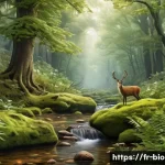 생물다양성 보전 자격 취득 위한 공부법 - A detailed and vibrant illustration of a temperate forest ecosystem in France, showing diverse flora...