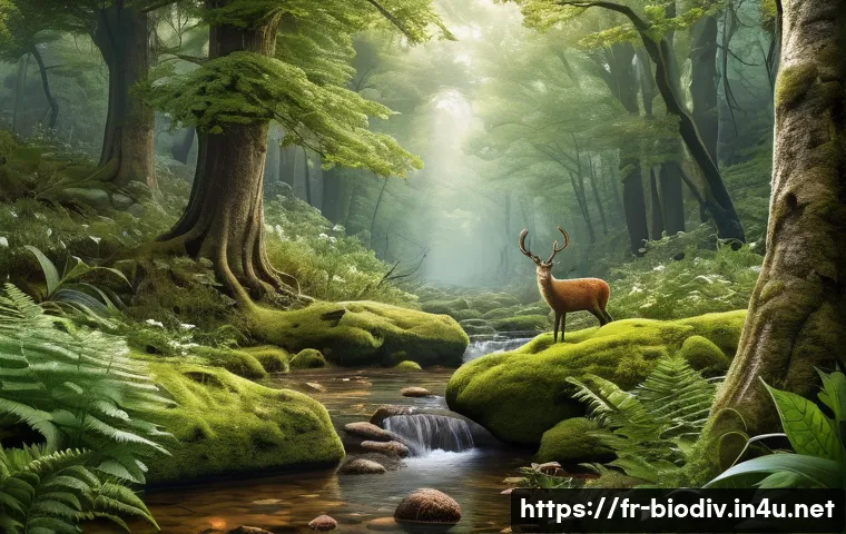 생물다양성 보전 자격 취득 위한 공부법 - A detailed and vibrant illustration of a temperate forest ecosystem in France, showing diverse flora...