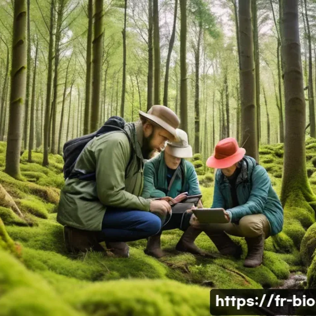 생물다양성 보전 전문가 연봉 상승 - A diverse group of biodiversity experts working collaboratively outdoors in a lush European forest d...