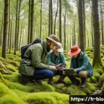 생물다양성 보전 전문가 연봉 상승 - A diverse group of biodiversity experts working collaboratively outdoors in a lush European forest d...