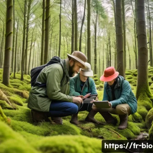 생물다양성 보전 전문가 연봉 상승 - A diverse group of biodiversity experts working collaboratively outdoors in a lush European forest d...