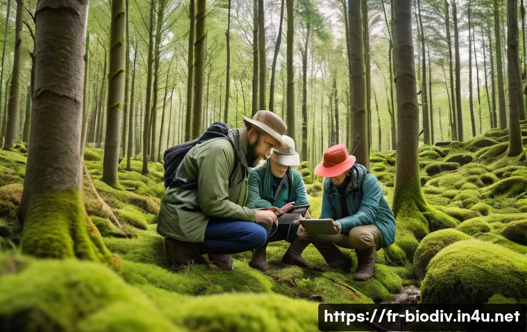 생물다양성 보전 전문가 연봉 상승 - A diverse group of biodiversity experts working collaboratively outdoors in a lush European forest d...
