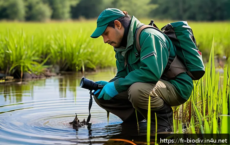 생물다양성 보전 전문가 이직 시 고려사항 - A dedicated biodiversity conservation field worker wearing rugged outdoor clothing and sturdy boots,...
