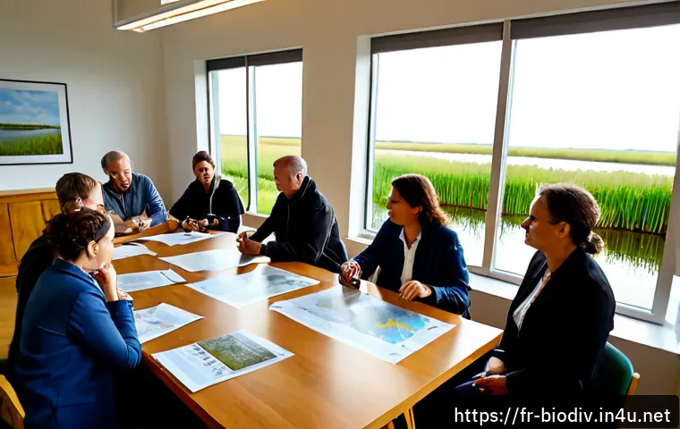 Home 17 생물다양성 보전 관련 법규 및 정책 - Photorealistic wide-angle scene of a French environmental policy workshop in a bright modern municip...