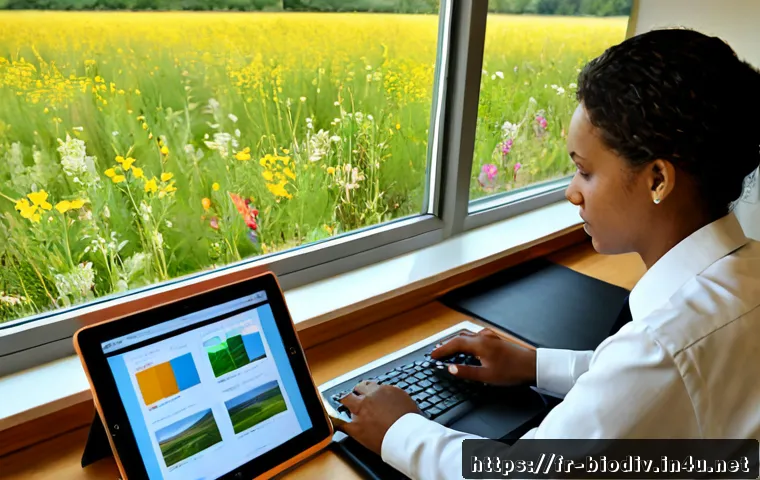Home 17 생물다양성 보전 업무실적 작성법 - Photorealistic French biodiversity conservation officer in a bright regional nature office, reviewin...